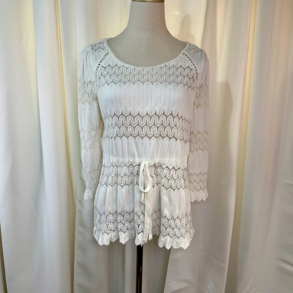 Free People ‘Fire Island’ Embroidered Keyhole Open Knit Peasant Top in White M
